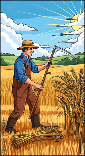 A farmer in overalls and a straw hat harvests a field of golden wheat with a scythe under a bright sunny sky with clouds.