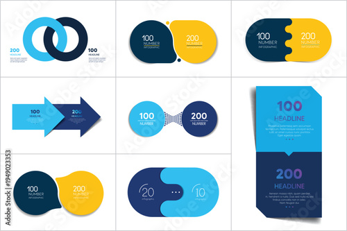 Mega set of two elements, steps chart, diagram, scheme. Circle, round design.