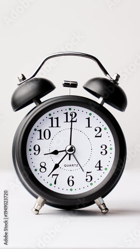 Analog clock. Time lapse of black and white vintage alarm clock. Clock running fast. Timelapse. Vertical video. Time concept. Close-up in 4K, UHD