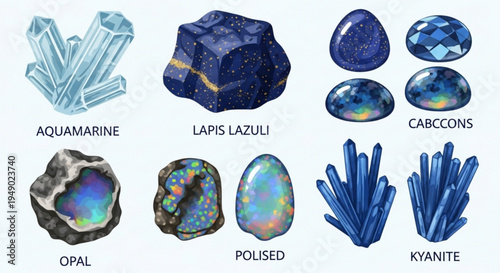 Collection of various precious stones and minerals including aquamarine lapis lazuli cabochons opal polished gems and kyanite on white background
