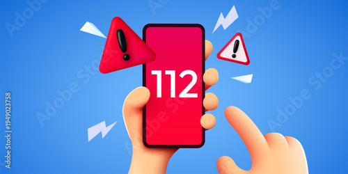 Call for help Cartoon hand holding a smartphone with emergency number 112 and warning signs. Vector illustration