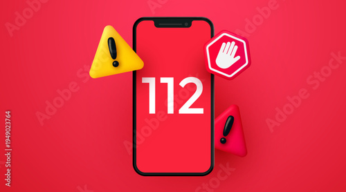 Emergency call 112 on a smartphone screen with 3D warning and stop signs, indicating urgency and help. Vector illustration.