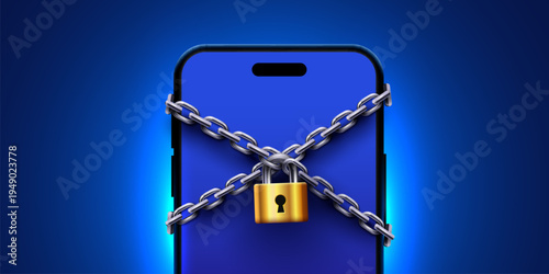 Mobile phone locked with chains and a padlock, symbolizing digital security and data protection. Vector illustration