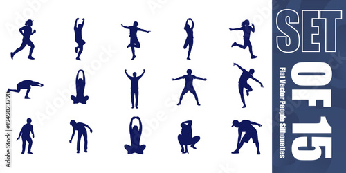 Set of professional flat vector silhouettes of people performing various actions
