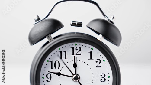 Vintage alarm clock on white background. Old fashioned alarm clock with bells. Time moving. Time concept. 4K, UHD