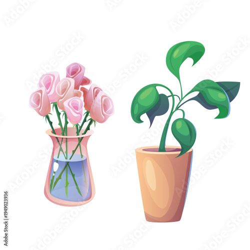 Illustration with flowers in different flowerpots with flower pot in flat