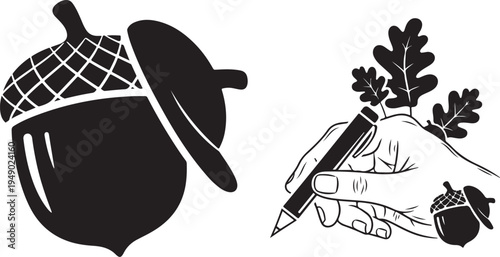 Black and white acorn illustrations with creative design elements