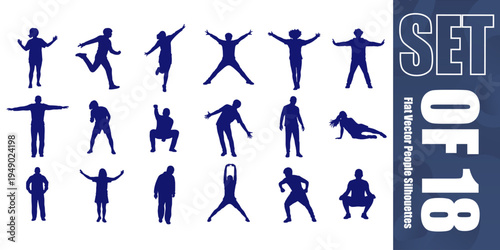 Set of professional flat vector silhouettes of people performing various actions