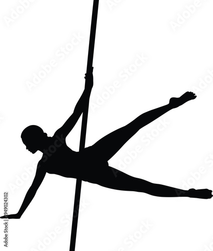 Silhouette of professional female pole dancer performing athletic acrobatic stunt, isolated on white background, vector