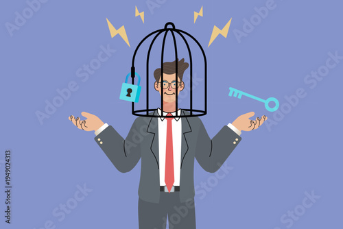 Businessman with birdcage over head holding key and lock for mental health and social issues concept