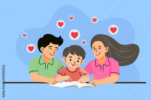 Happy family homeschooling and parent supporting child education concept, flat vector illustration