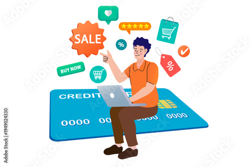 Man using laptop sitting on giant credit card with online shopping and sale icons