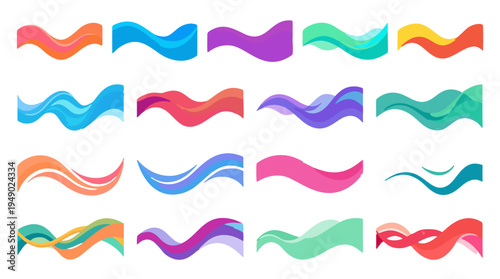 Vibrant abstract wavy colorful background graphic elements for design, showcasing dynamic fluid motion and smooth gradients in a collection of decorative shapes