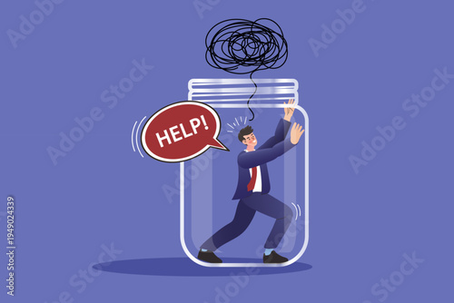 Businessman trapped in glass jar asking for help with tangled thoughts concept