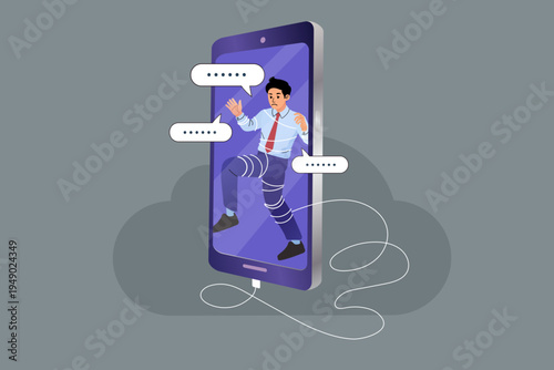 Businessman trapped in smartphone screen with cable wire and speech bubbles