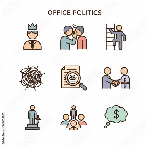 A collection of flat design icons illustrating various aspects of office politics, including leadership, gossip, climbing the corporate ladder, and backstabbing.