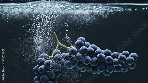 Closeup shot of dark grapes splashing into clear water creating bubbles.
