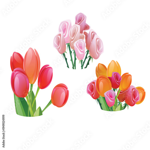 Illustration with flowers in different flowerpots with flower pot in flat