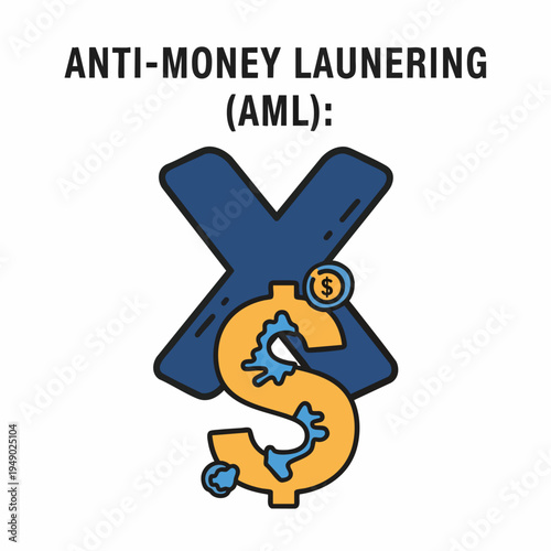 Abstract illustration of a dollar sign intertwined with a large x, symbolizing anti-money laundering efforts with a clean, modern graphic style and a dark blue and yellow color palette.
