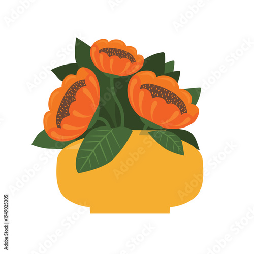 Illustration with flowers in different flowerpots with flower pot in flat