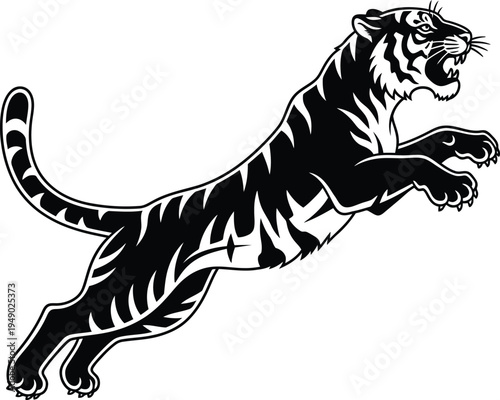 A black and white illustration of a tiger in mid leap