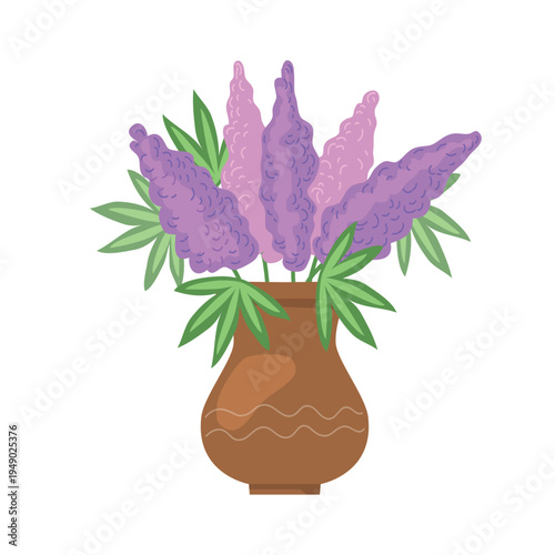 Illustration with flowers in different flowerpots with flower pot in flat