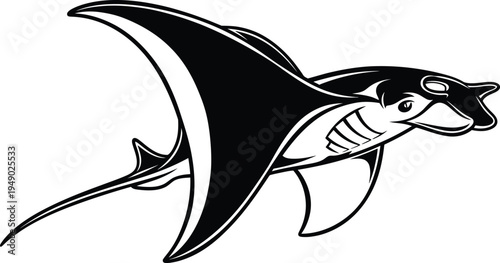 Black and white illustration of a manta ray wearing diving goggles