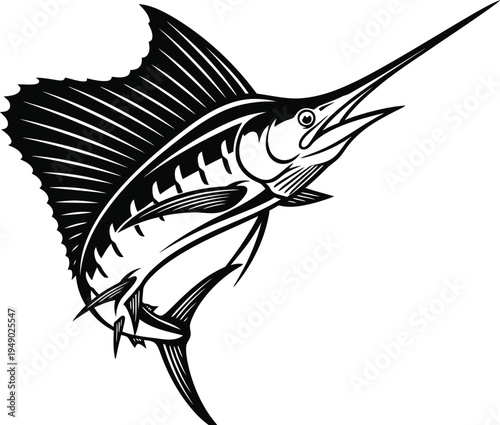 A black and white drawing of a marlin fish jumping out of the water