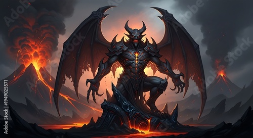 Horned demon with wings before erupting volcanoes, perfect for dark fantasy book covers, posters, and halloweenthemed marketing materials.