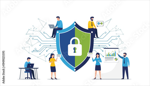 People working around a large security shield with a padlock, representing data protection and cybersecurity in a business context.