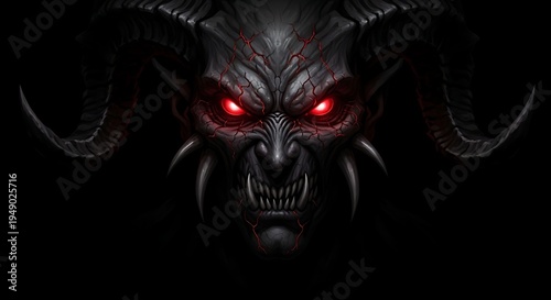 Menacing demon with glowing red eyes and large horns, suitable for halloween or horrorthemed design projects. Illustration, graphic design, digital art, spooky content creation.