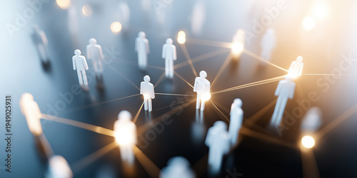 Abstract figures linked by glowing lines visualize communication networks, collaboration systems, and connected organizational relationships.