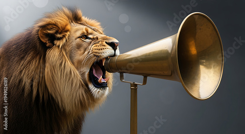 Lion Roaring into Megaphone