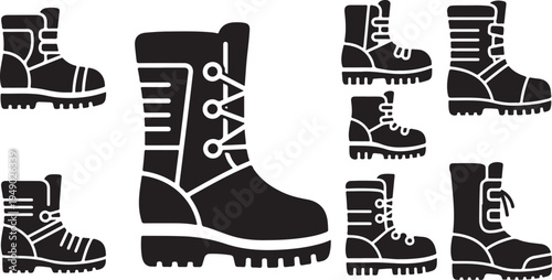 Collection of black combat boots in various positions shown