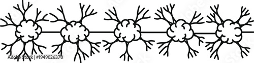 A schematic representation of five interconnected nerve cells arranged in a horizontal linear row