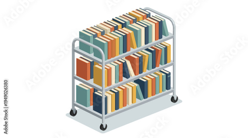 Colorful books on metal shelf cart.