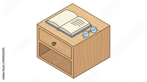 Wooden Nightstand with Drawer and Books.