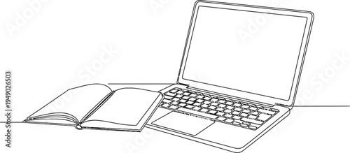 A continuous line drawing illustration of an open laptop computer and a blank notebook on desk