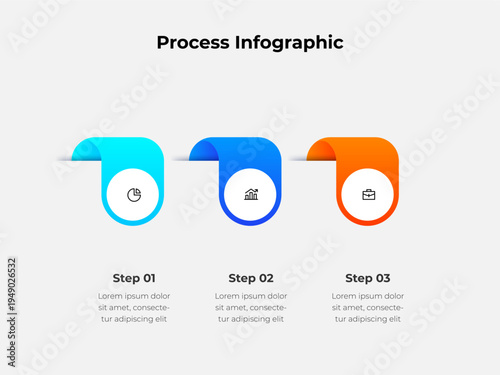 3 step vertical process infographic diagram with hanging rounded tab segments forming simple workflow structure