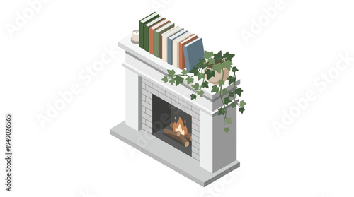 Fireplace with books and plants on top.