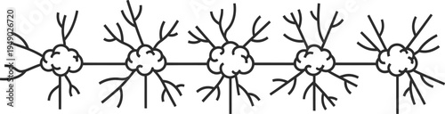 A schematic representation of five interconnected neural cell bodies with branching dendrite paths