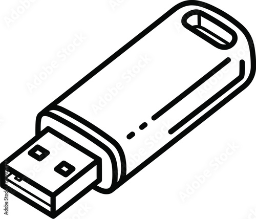 A simple black and white line art illustration of a portable usb flash drive storage device icon