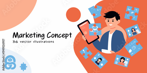 Person presenting marketing concepts on a tablet with puzzle pieces