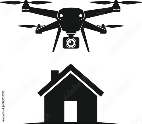 A minimalist black icon featuring a quadcopter drone flying over a simple residential house shape