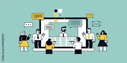 People interacting with a laptop displaying video conference calls