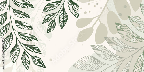 Delicate botanical illustration featuring leafy branches and soft color palette