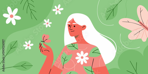 A woman with long white hair surrounded by flowers and butterflies