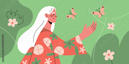 Elderly woman with white hair interacts with butterflies in a garden