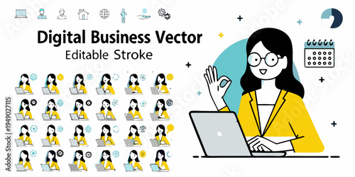 Digital business vector illustration with woman working on a laptop