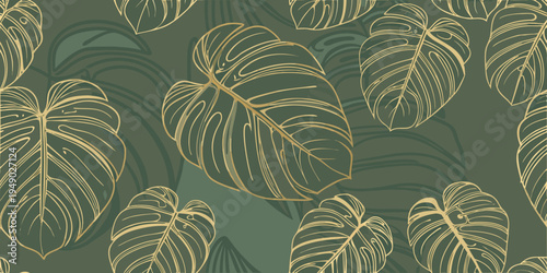 Elegant seamless pattern featuring golden monstera leaves on a dark background